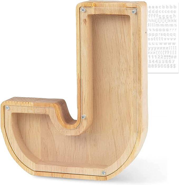 Personalized wooden letter 'J' piggy bank for kids, promoting savings and financial awareness.