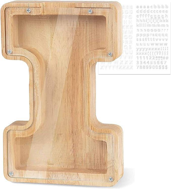 Personalized wooden letter piggy bank with acrylic slot for coins and savings education for kids.