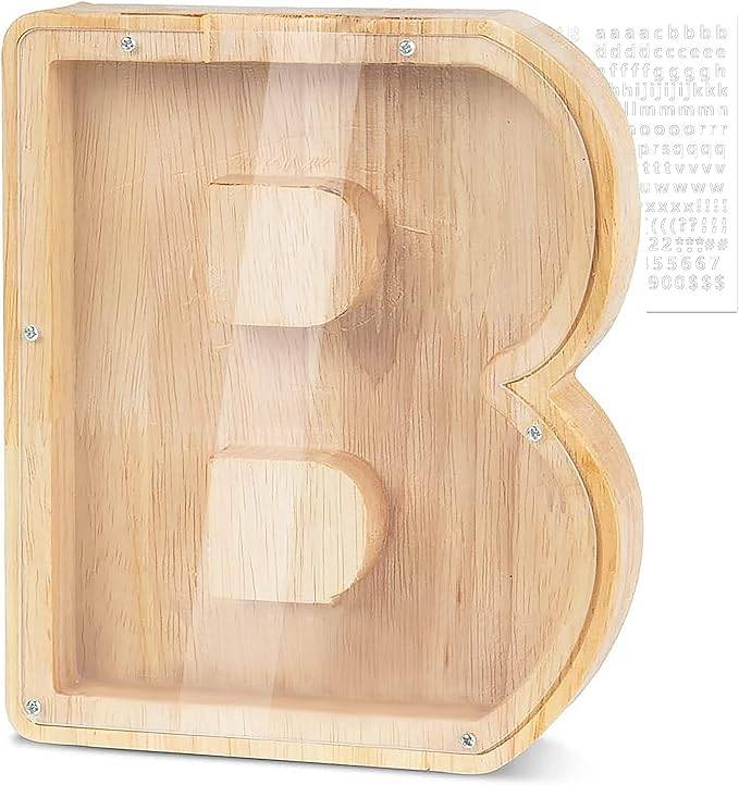 Personalized wooden letter piggy bank shaped like the letter B, ideal for teaching kids money savings.