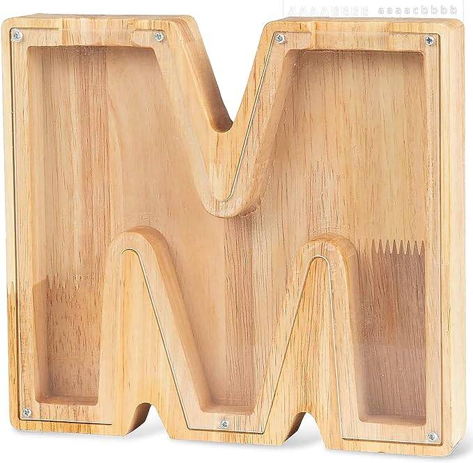 Personalized wooden letter 'M' piggy bank for kids to save money and learn financial awareness.