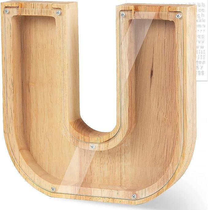 Personalized wooden letter 'U' piggy bank for kids, perfect for teaching financial awareness and savings.