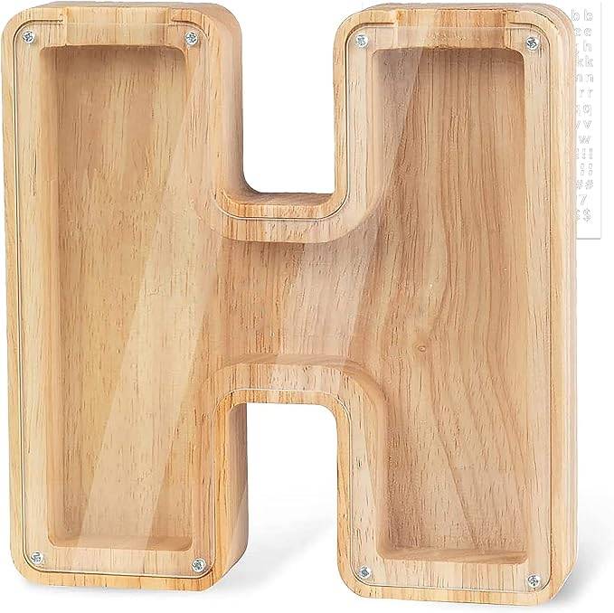 Personalized wooden letter 'H' piggy bank for kids, designed to teach savings and financial awareness.