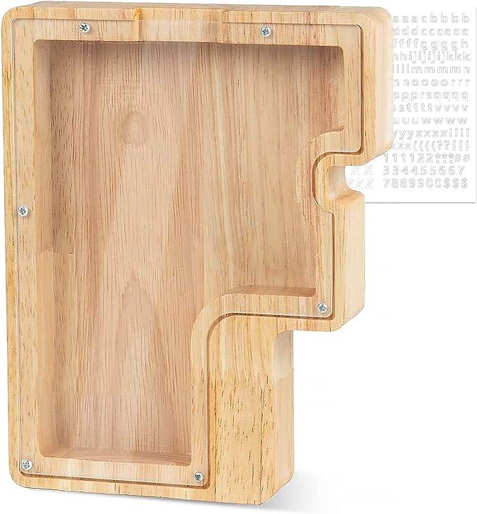 Personalized wooden letter piggy bank for kids, promoting savings and financial awareness.