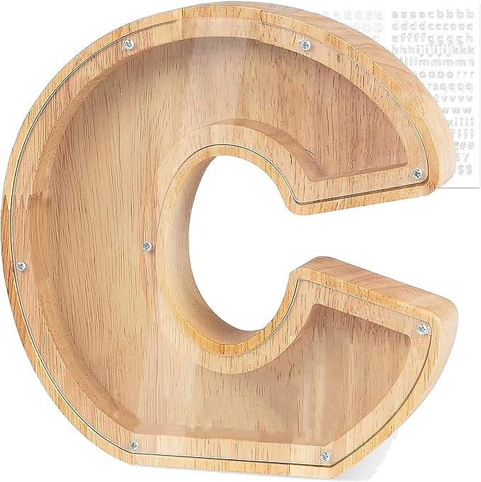 Personalized wooden letter 'C' piggy bank for kids, perfect for teaching financial awareness and savings.
