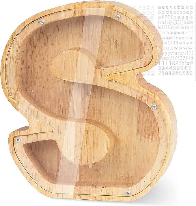 Personalized wooden letter piggy bank shaped like the letter S for kids' savings and financial awareness.