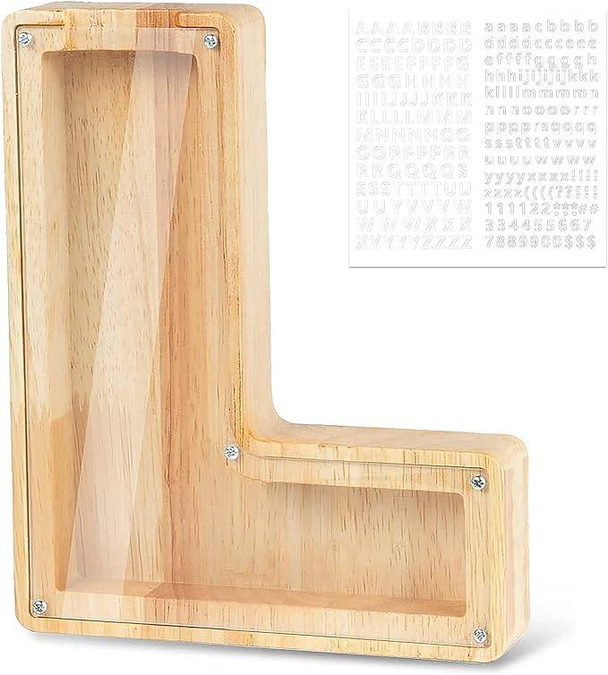 Personalized wooden letter piggy bank shaped like the letter L, designed for teaching kids about saving money.