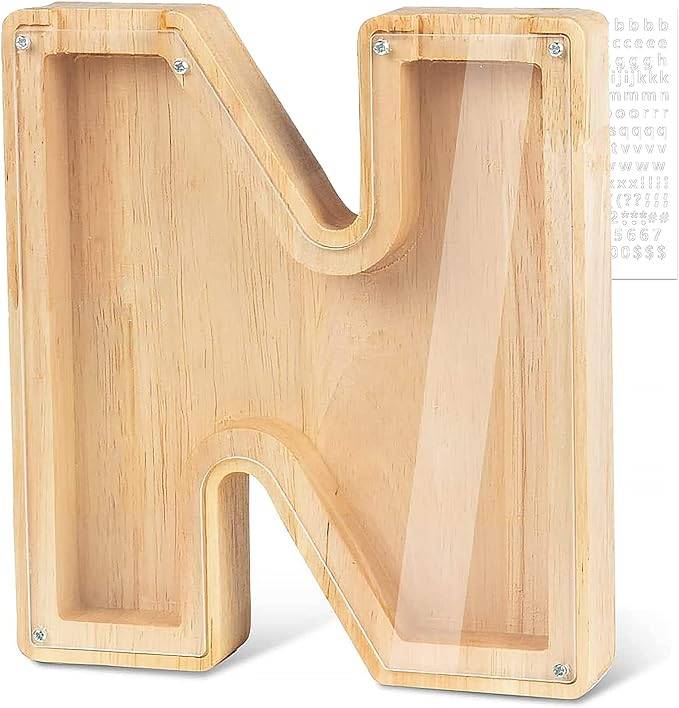 Personalized wooden letter N piggy bank for kids, promoting savings and financial awareness in a fun way.