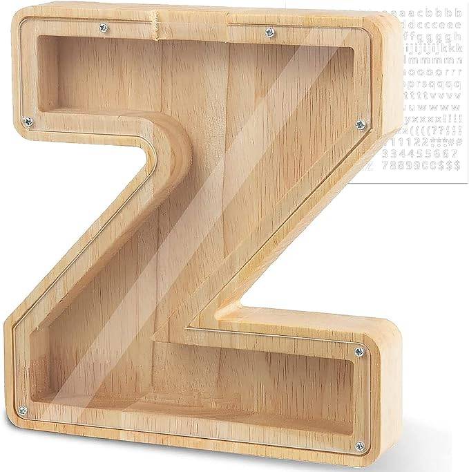 Personalized wooden letter Z piggy bank for kids, ideal for teaching savings and financial awareness.