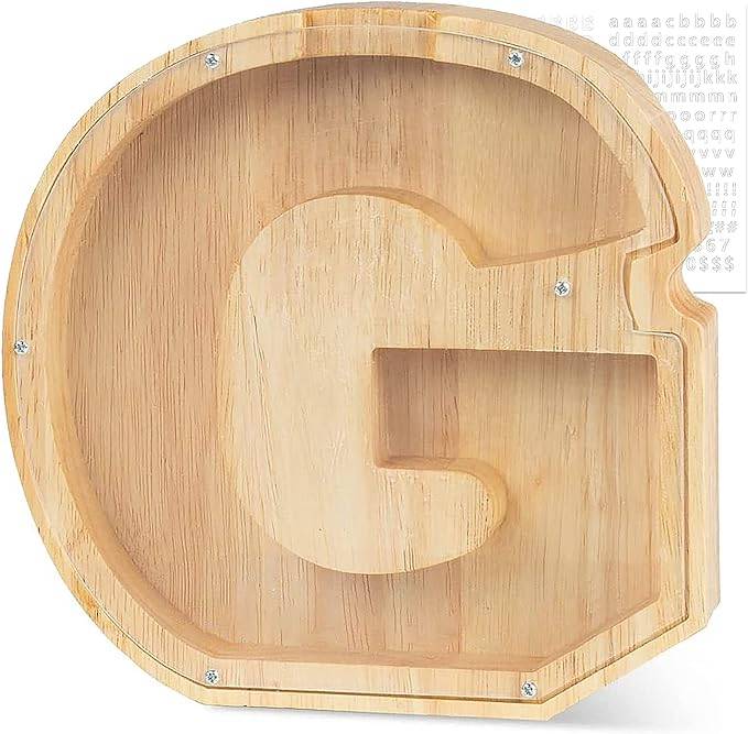Personalized wooden letter 'G' piggy bank for kids, promoting savings and financial awareness.