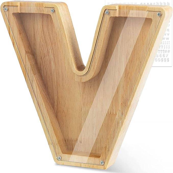 Personalized wooden letter 'V' piggy bank for kids, designed to promote savings and financial awareness.