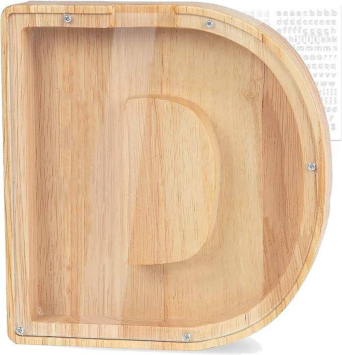 Personalized wooden letter 'D' piggy bank for kids, promoting savings and financial awareness.