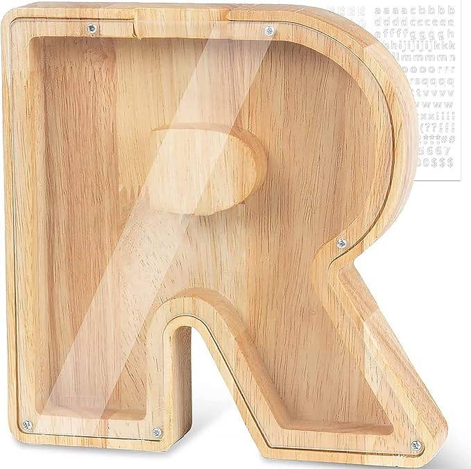 Personalized wooden letter piggy bank in the shape of the letter R for kids, promoting savings awareness.