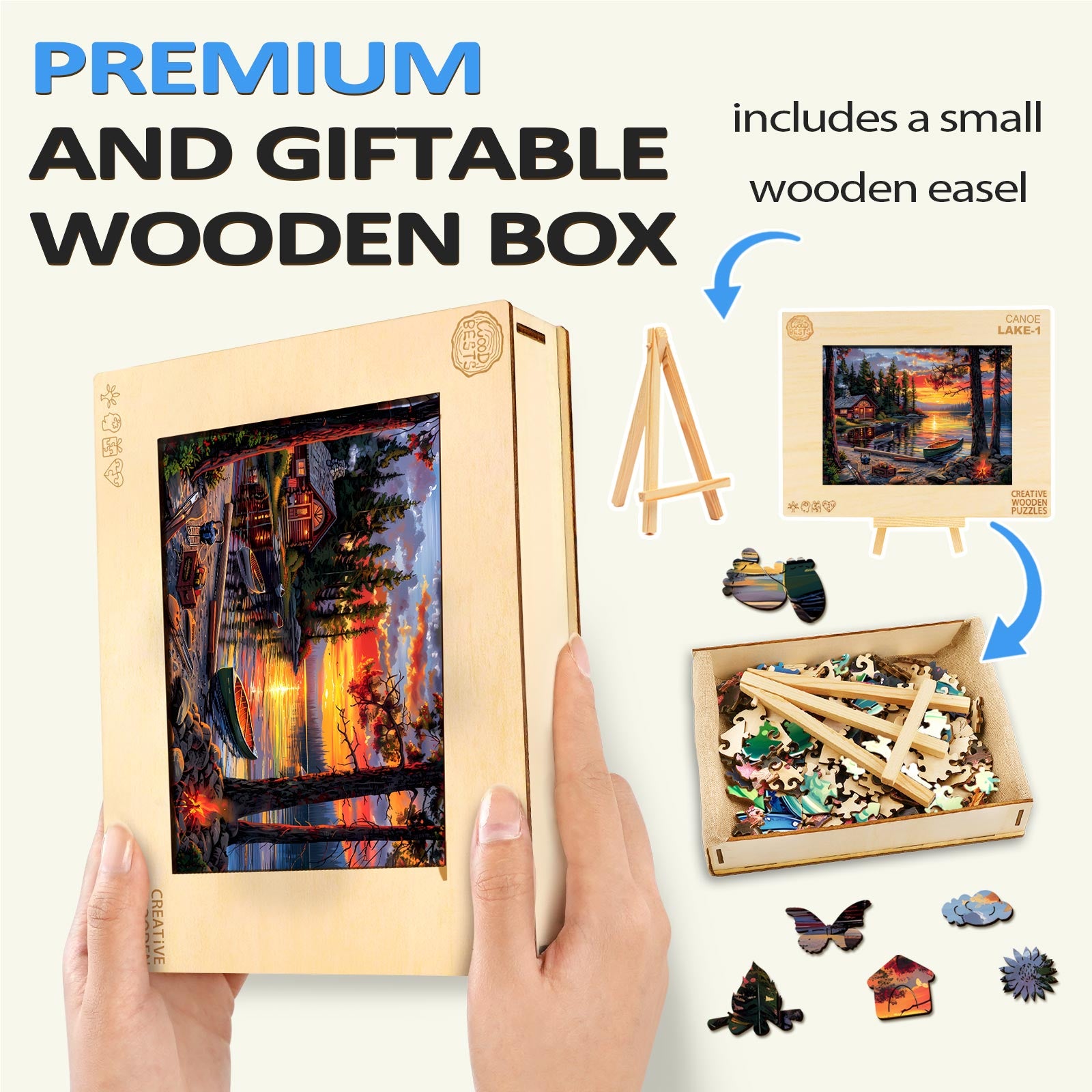 Canoe Lake-1 wooden jigsaw puzzle in a premium gift box with wooden easel and pieces for mind-engaging fun.
