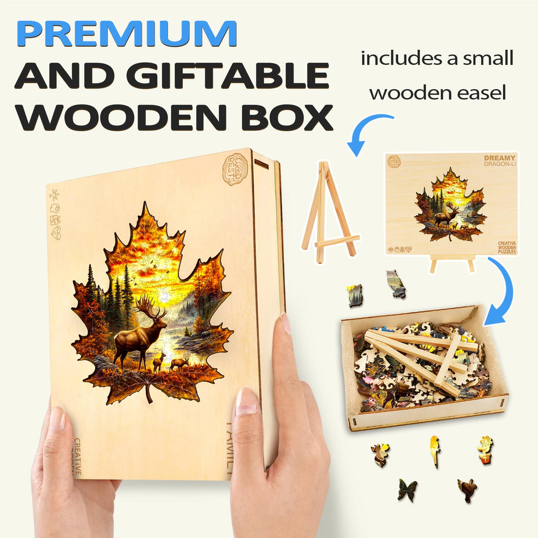 Elk and maple leaves Wooden Jigsaw Puzzle