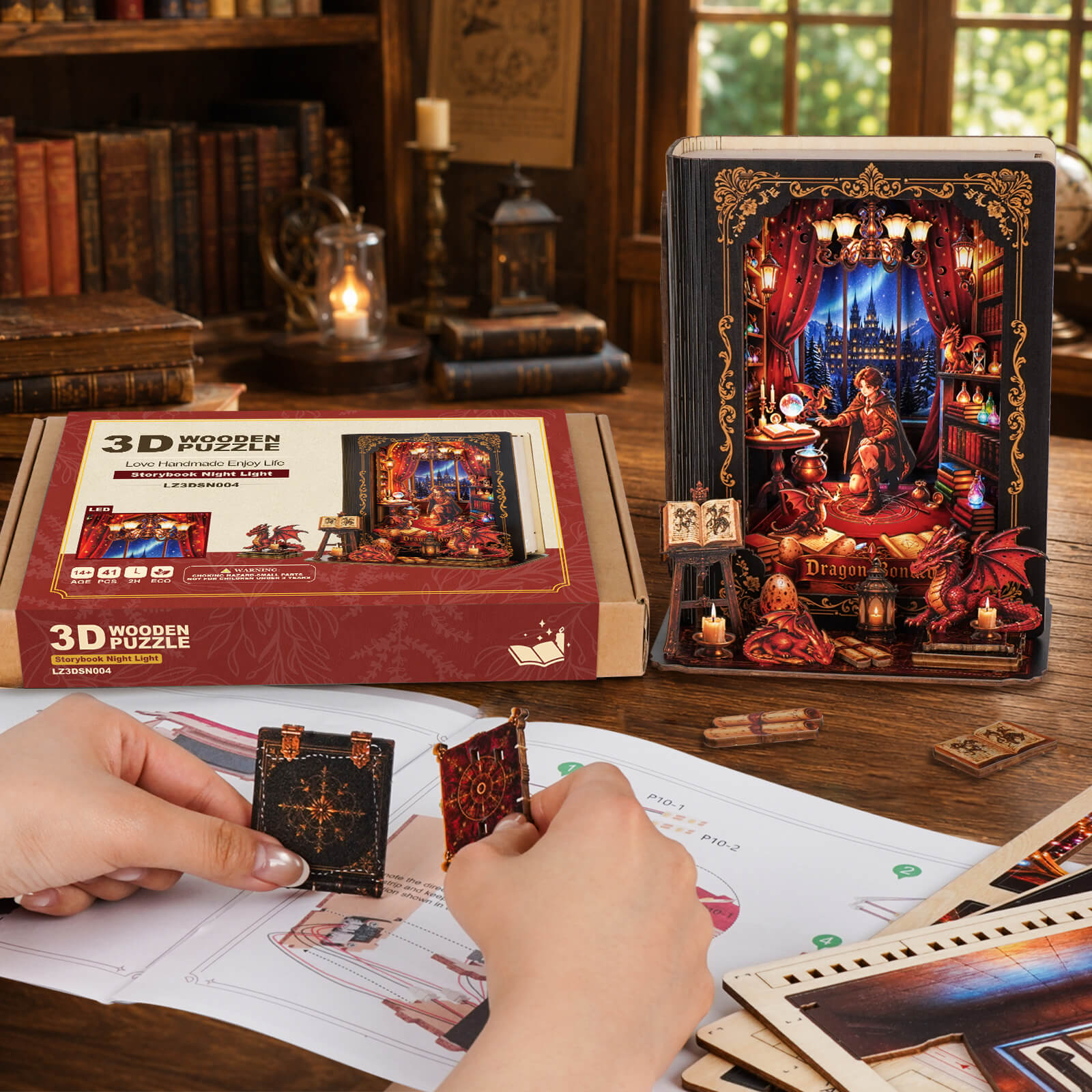 Nuit du pacte du dragon – Kit de lampe en bois à assembler pour bibliothèque