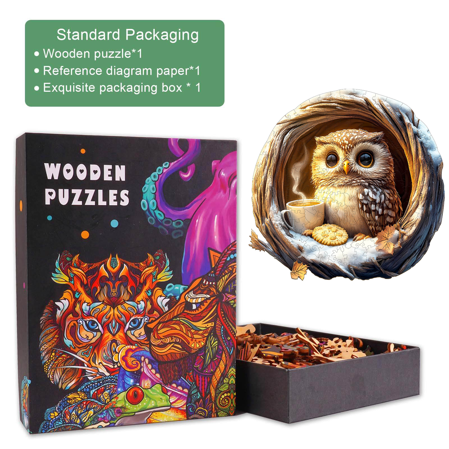 Puzzle en bois en 3D de chouette mignonne dans une grotte