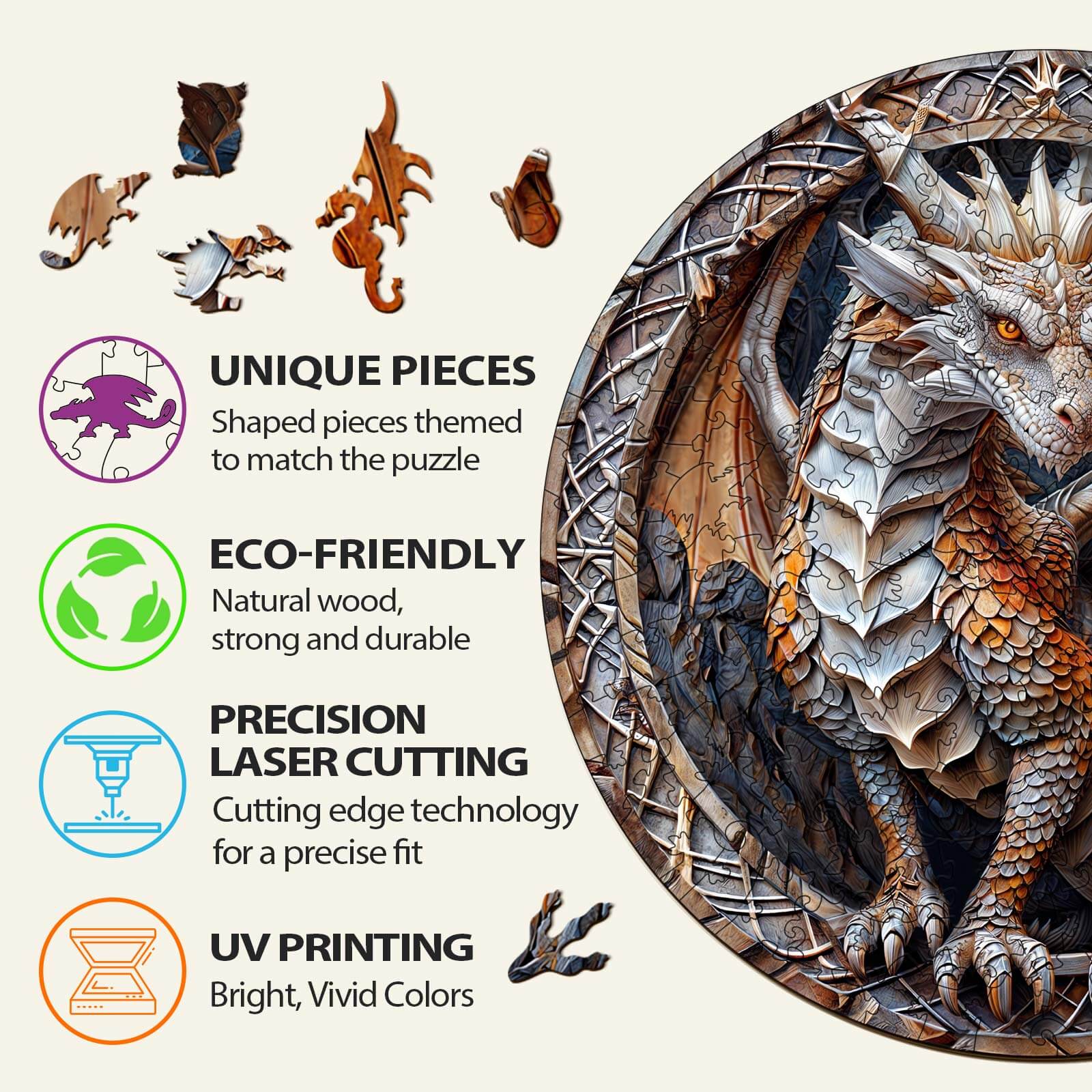 3D Cave Dragon Wooden Jigsaw Puzzle features unique puzzle pieces, eco-friendly materials, precision cutting, and vibrant UV printing.