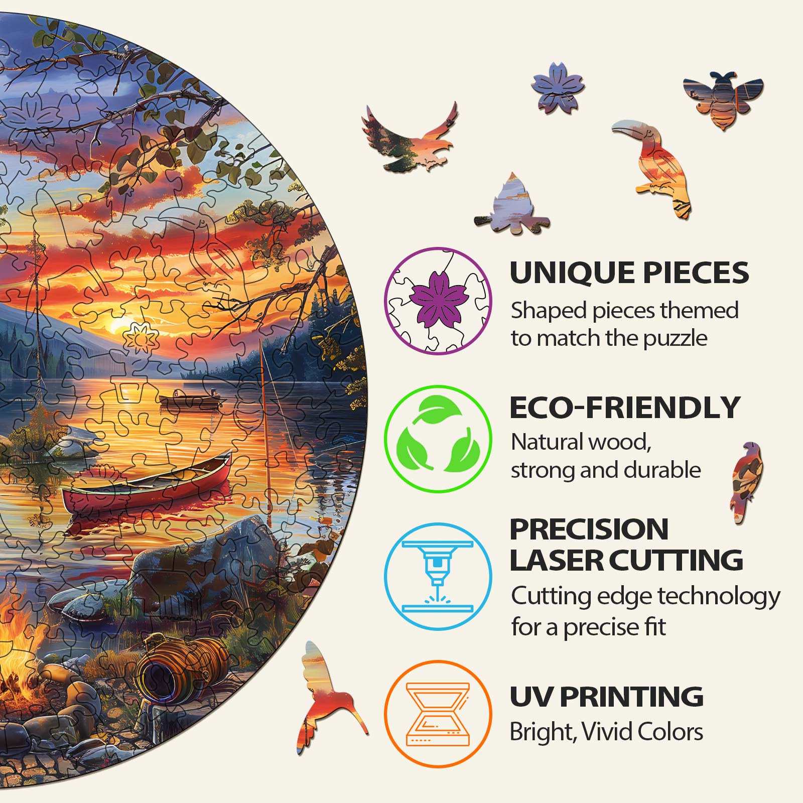 Canoe Lake-2 wooden jigsaw puzzle details highlighting unique pieces, eco-friendly materials, and UV printing for vibrant colors.