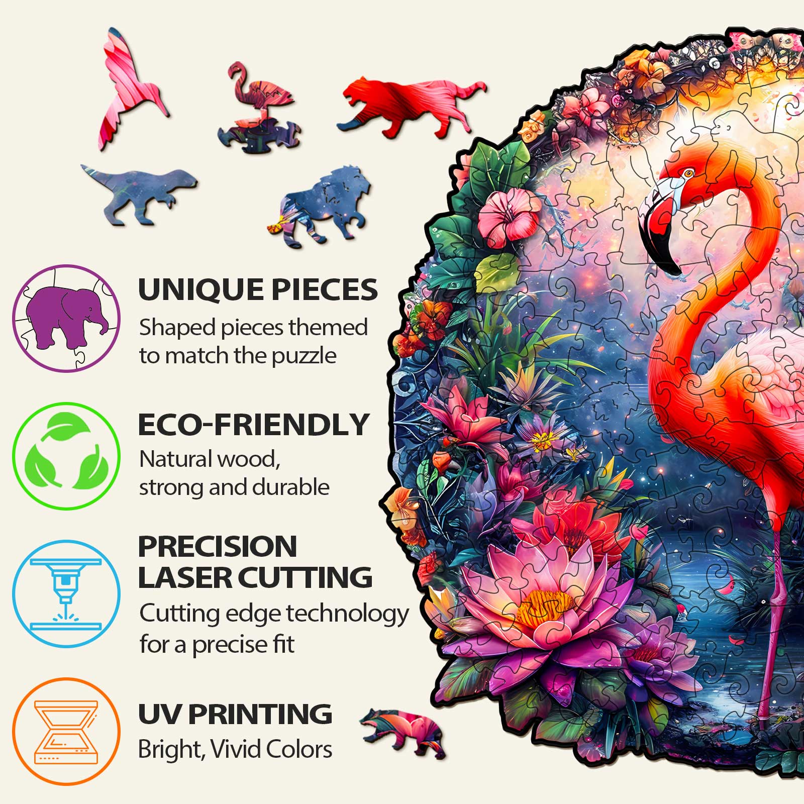 Features of Elegant Flamingo Wooden Jigsaw Puzzle: unique pieces, eco-friendly materials, precision laser cutting, and vivid UV printing.