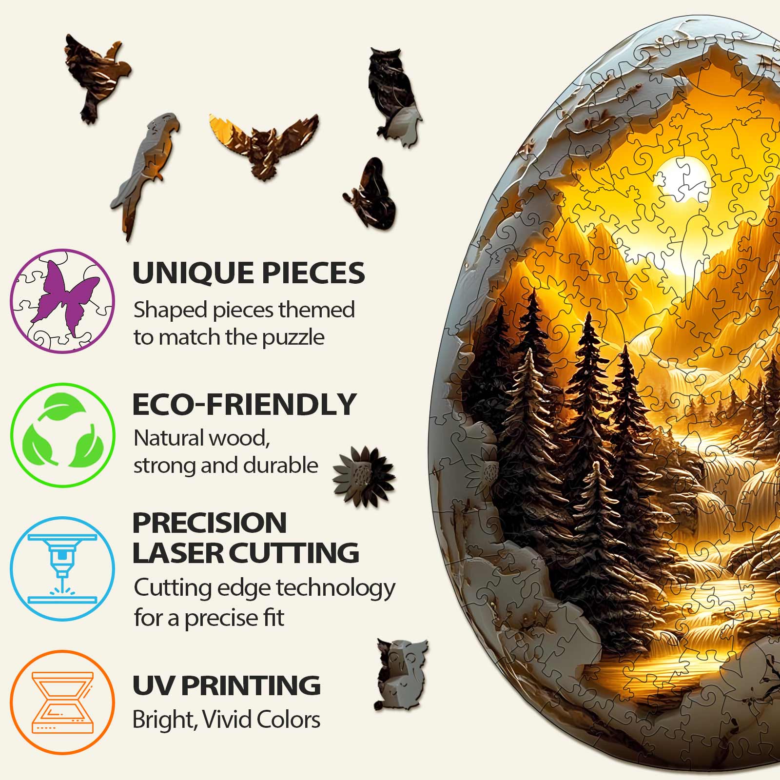 3D Eggshell World-1 wooden jigsaw puzzle features unique pieces, eco-friendly materials, precision cutting, and vivid UV printing.