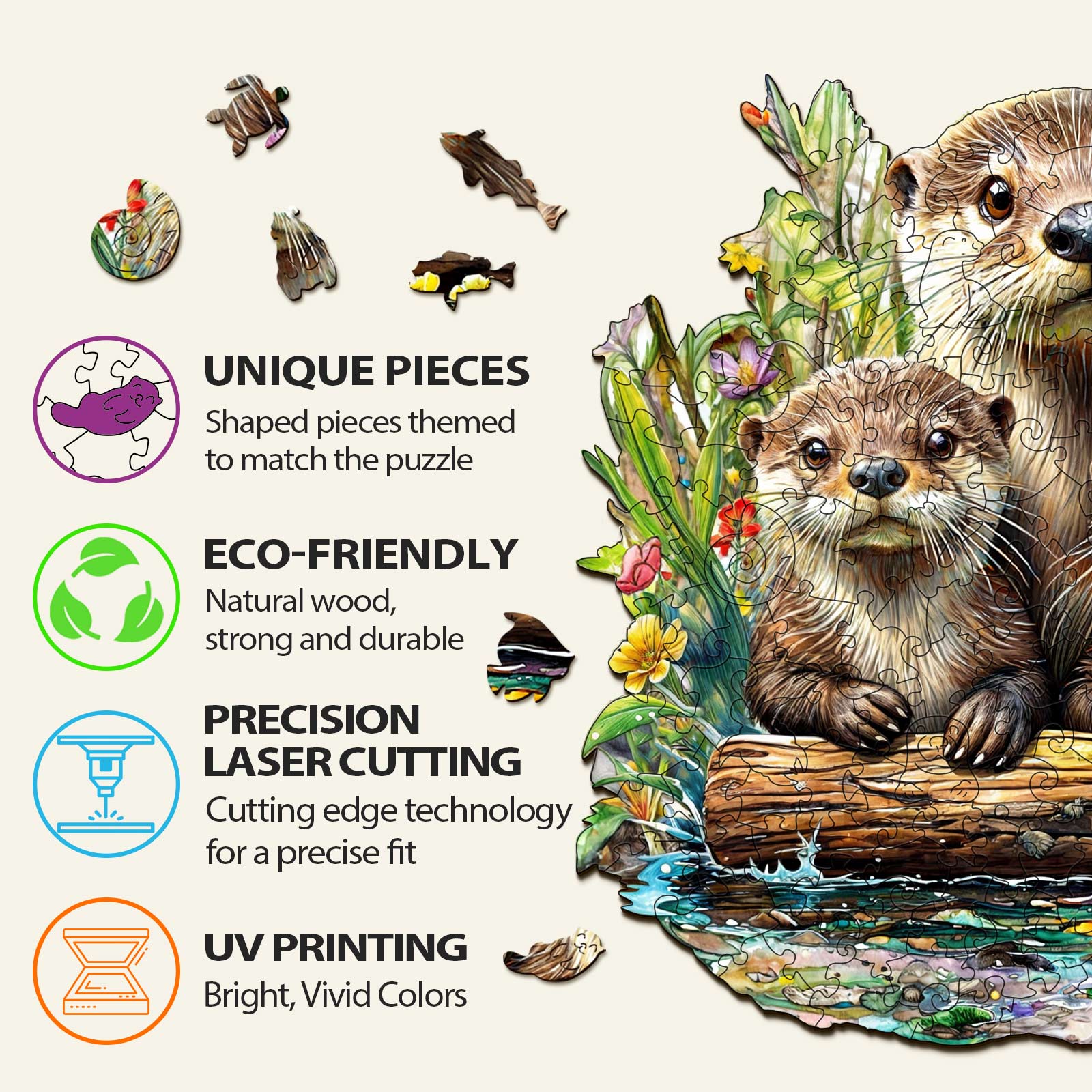 Otter wooden jigsaw puzzle with unique eco-friendly pieces, precision laser cutting, and vivid UV printing for mind games.