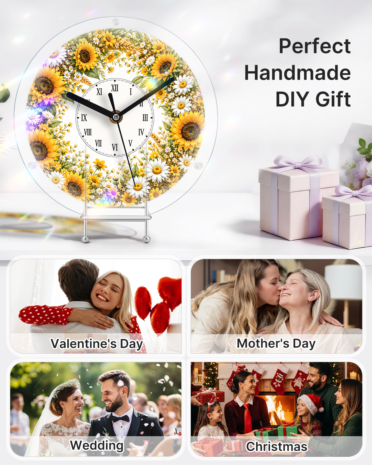 DIY Acrylpuzzle-Uhr Bausatz - Goldenes Sonnenblumenfeld