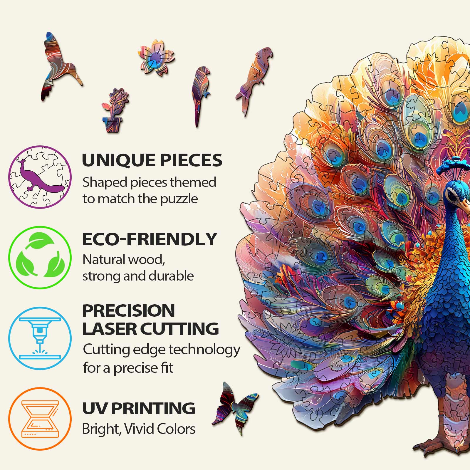 Striking Peacock Wooden Jigsaw Puzzle with unique pieces, eco-friendly wood, precision laser cutting, and vibrant UV printing.