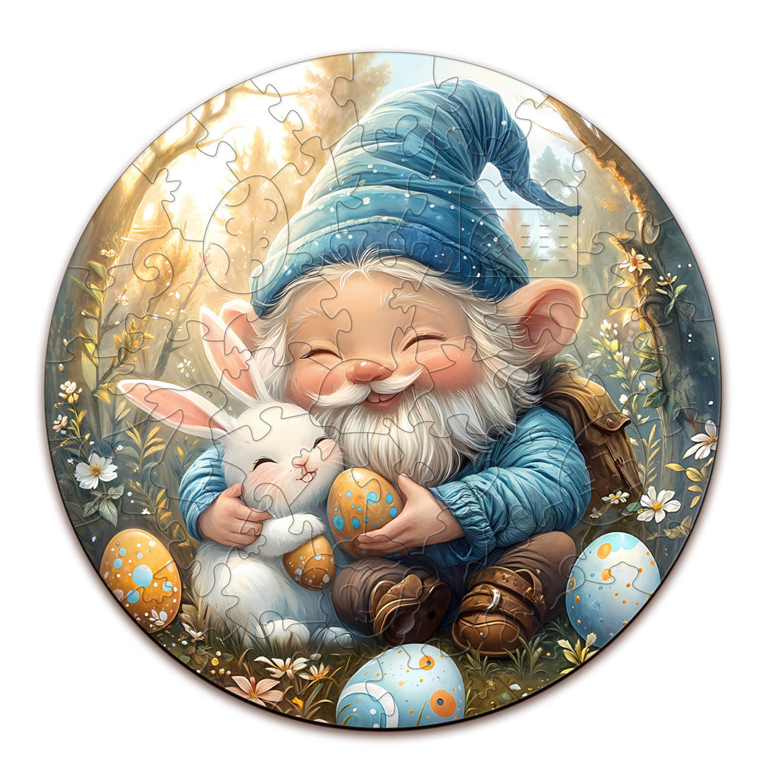 Cute Easter gnome with bunny and colorful eggs, children's wooden jigsaw puzzle perfect for springtime activities.