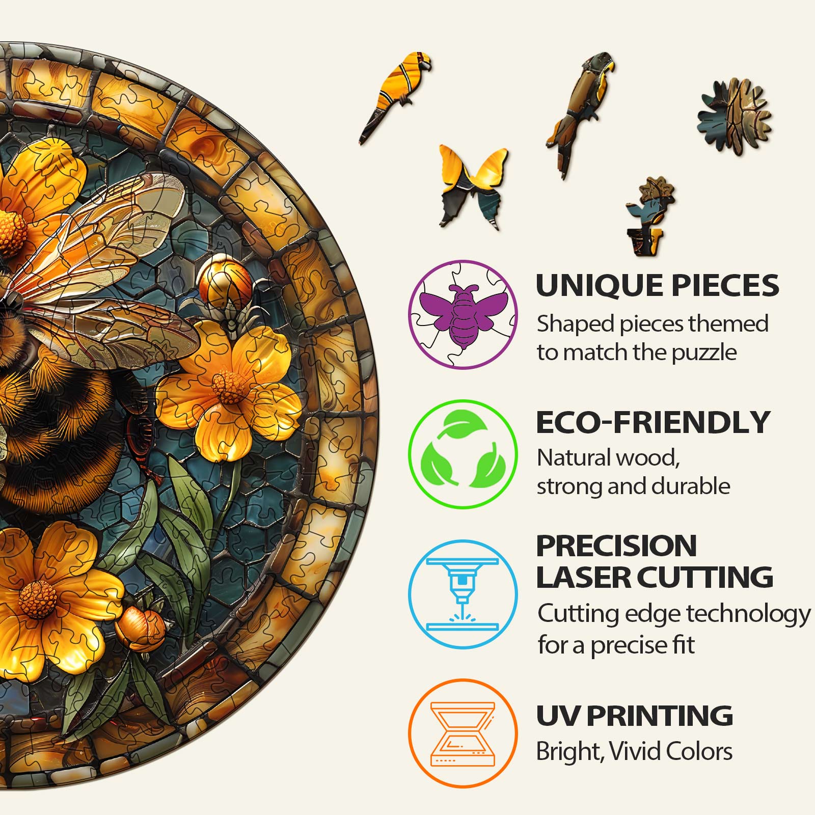 Leisurely Bee Wooden Jigsaw Puzzle features unique eco-friendly pieces, precision laser cutting, and vibrant UV printing.