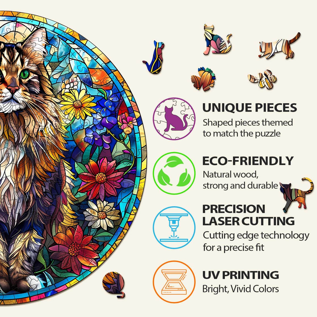 Stained Glass Maine Coon Wooden Jigsaw Puzzle - By Woodbests