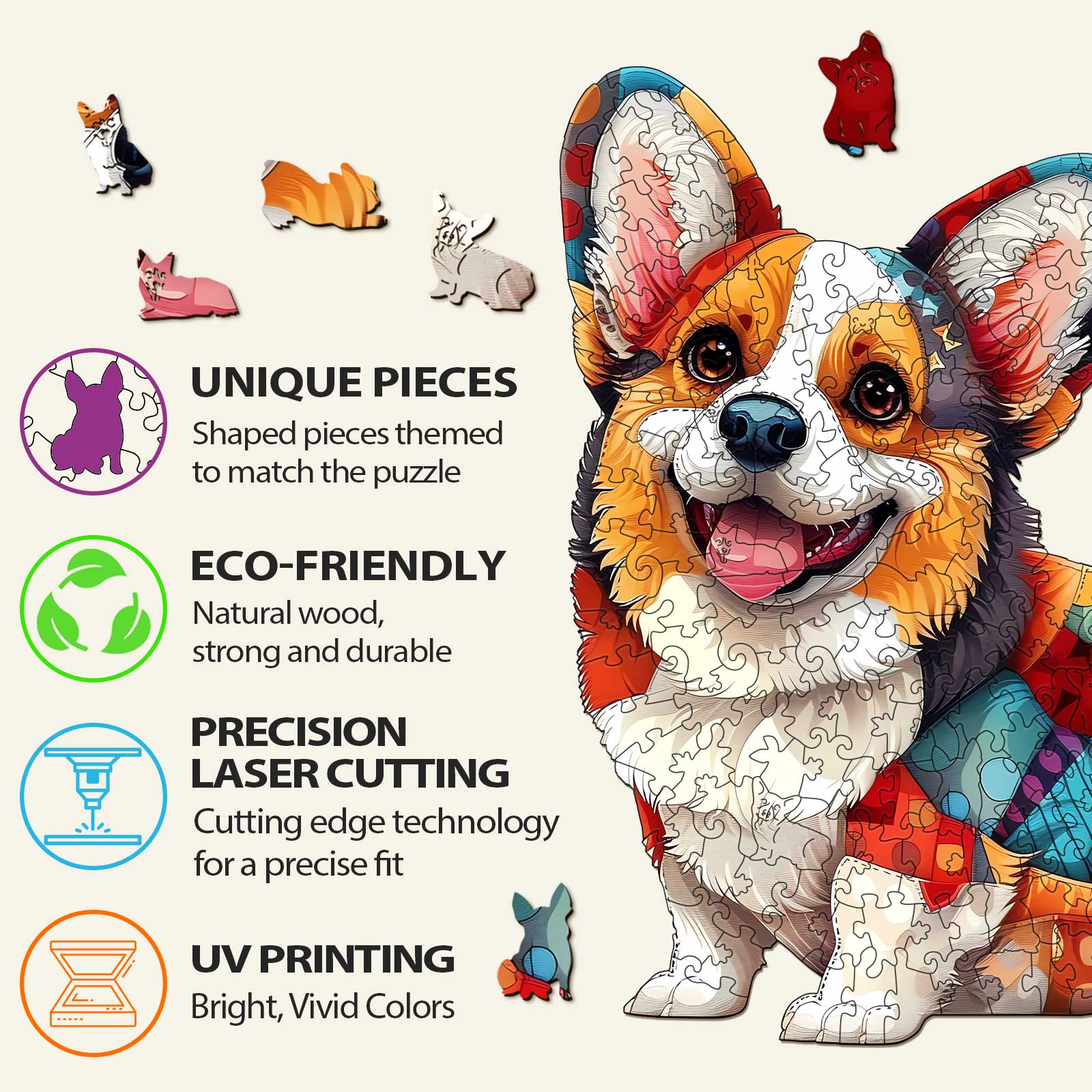 Vibrant Patchwork Corgi Wooden Jigsaw Puzzle with unique pieces and eco-friendly design features.