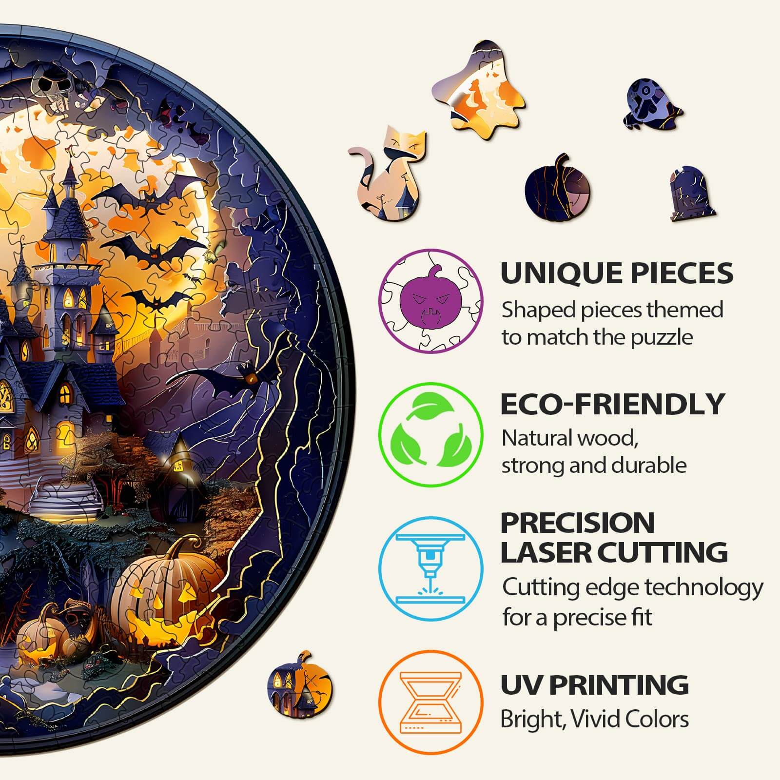 3D Halloween Castle-2 wooden jigsaw puzzle showcasing unique eco-friendly pieces and vivid UV printing.