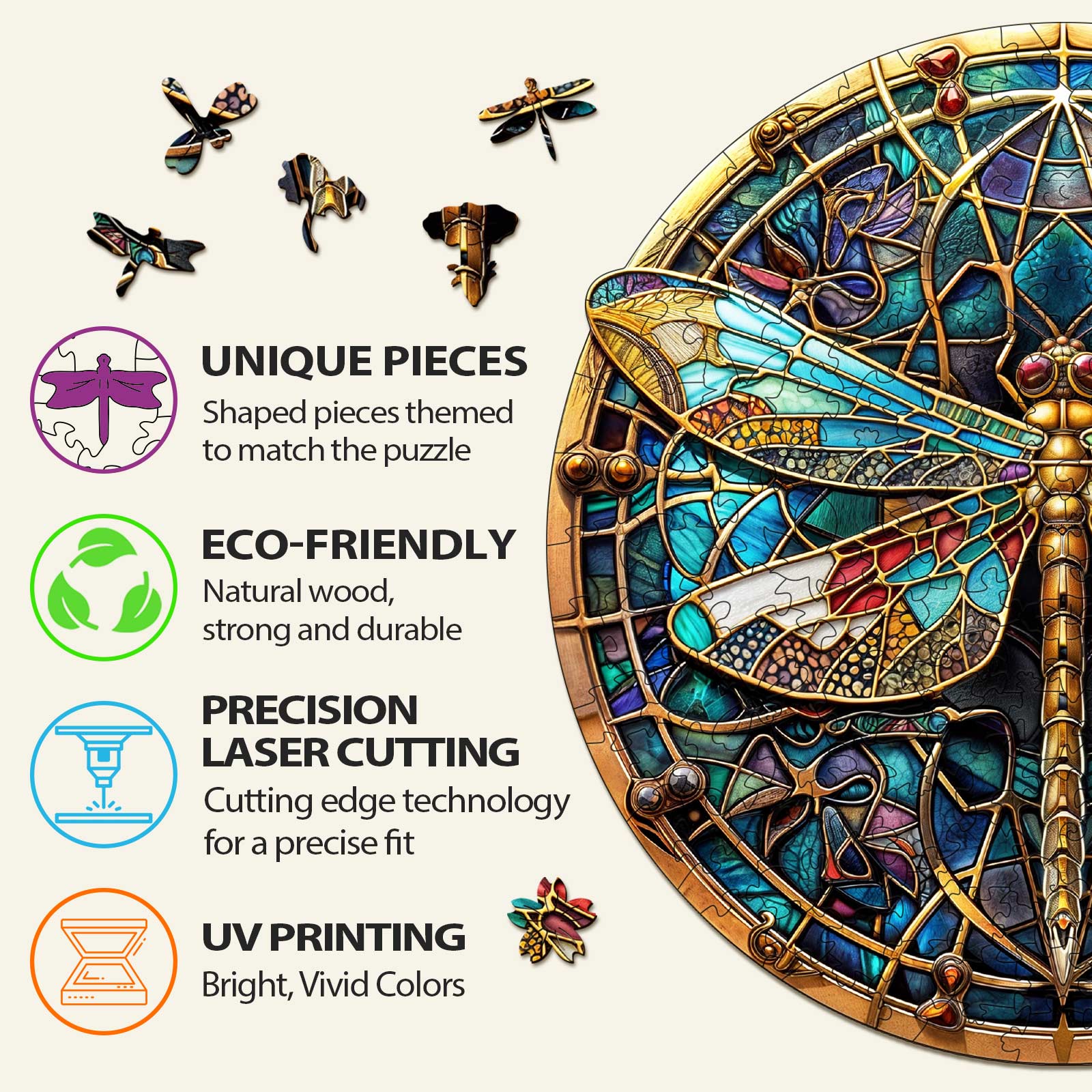 Unique vintage dragonfly wooden jigsaw puzzle features eco-friendly pieces, precision laser cutting, and UV printing.