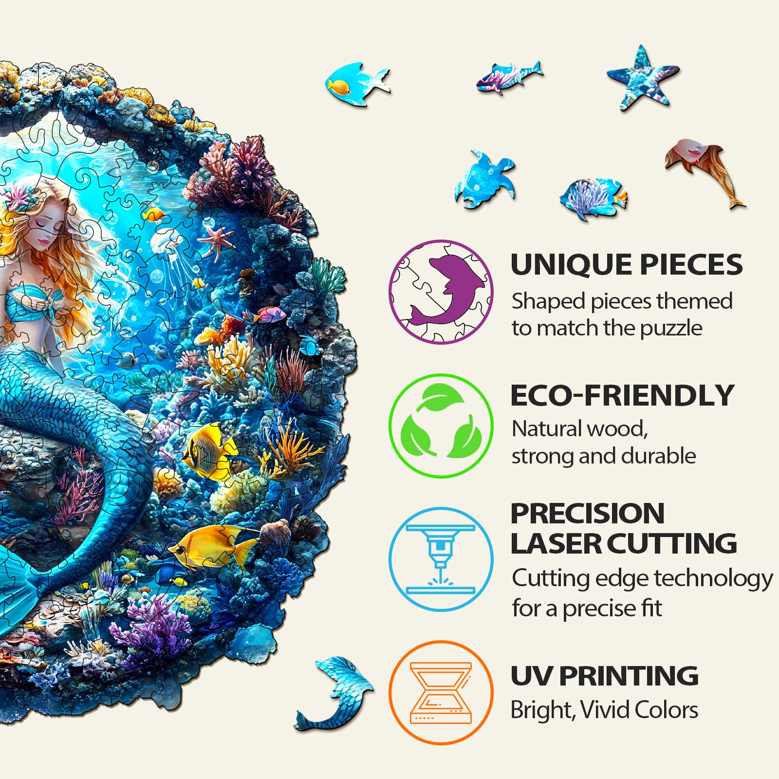 Details of a 3D Mermaid Wooden Jigsaw Puzzle showing unique, eco-friendly pieces with precision laser cutting and vibrant UV printing.