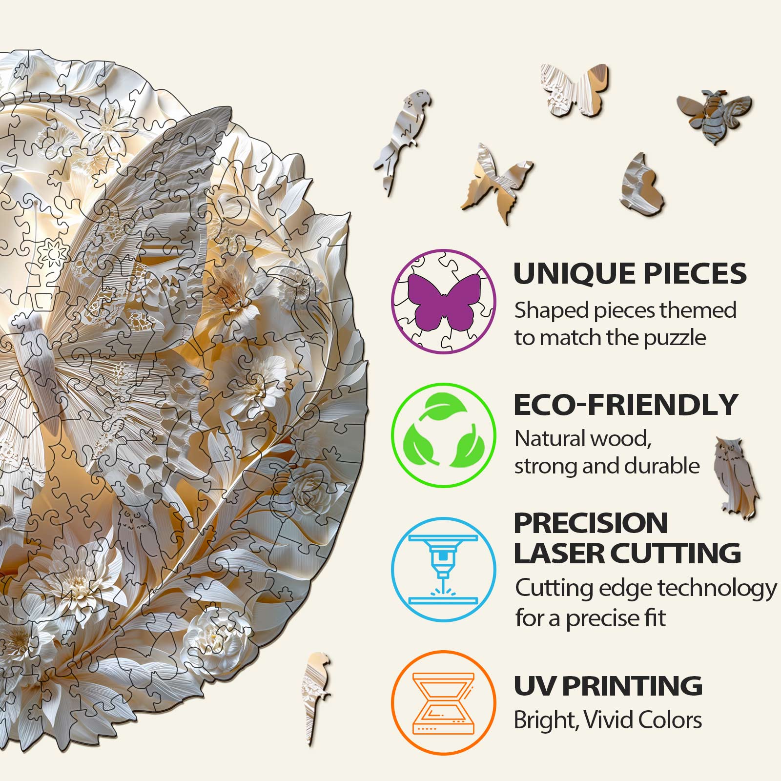 3D Paper Butterfly Wooden Jigsaw Puzzle showcasing unique, eco-friendly pieces and vibrant UV printed colors.