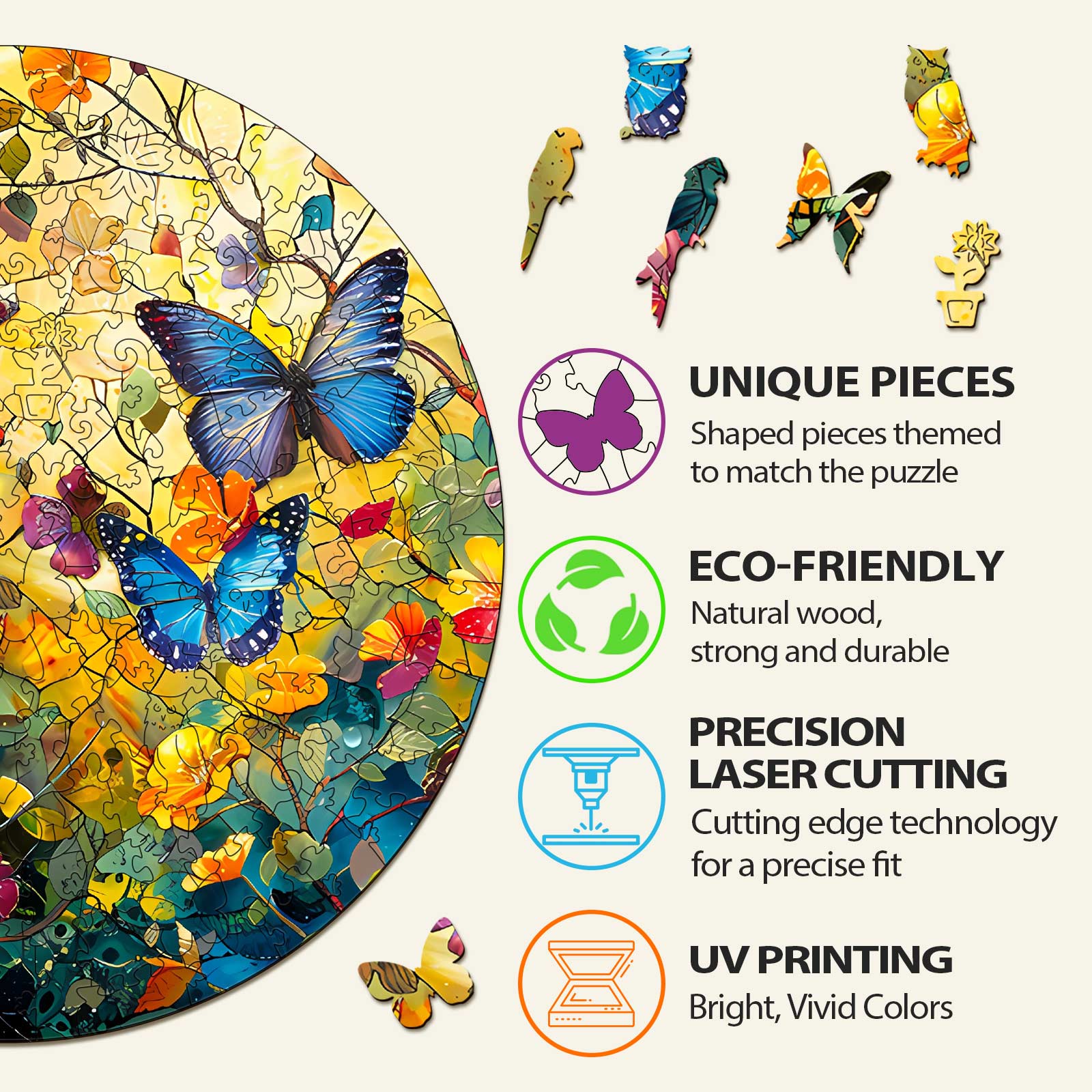 Colorful Butterflies and Flowers wooden jigsaw puzzle with unique eco-friendly pieces and precision laser cutting.