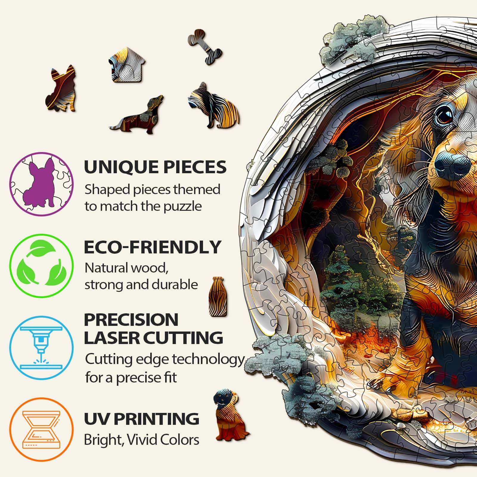 3D Dachshund-1 Wooden Puzzle features unique pieces with eco-friendly wood, precision laser cutting, and vibrant UV printing.