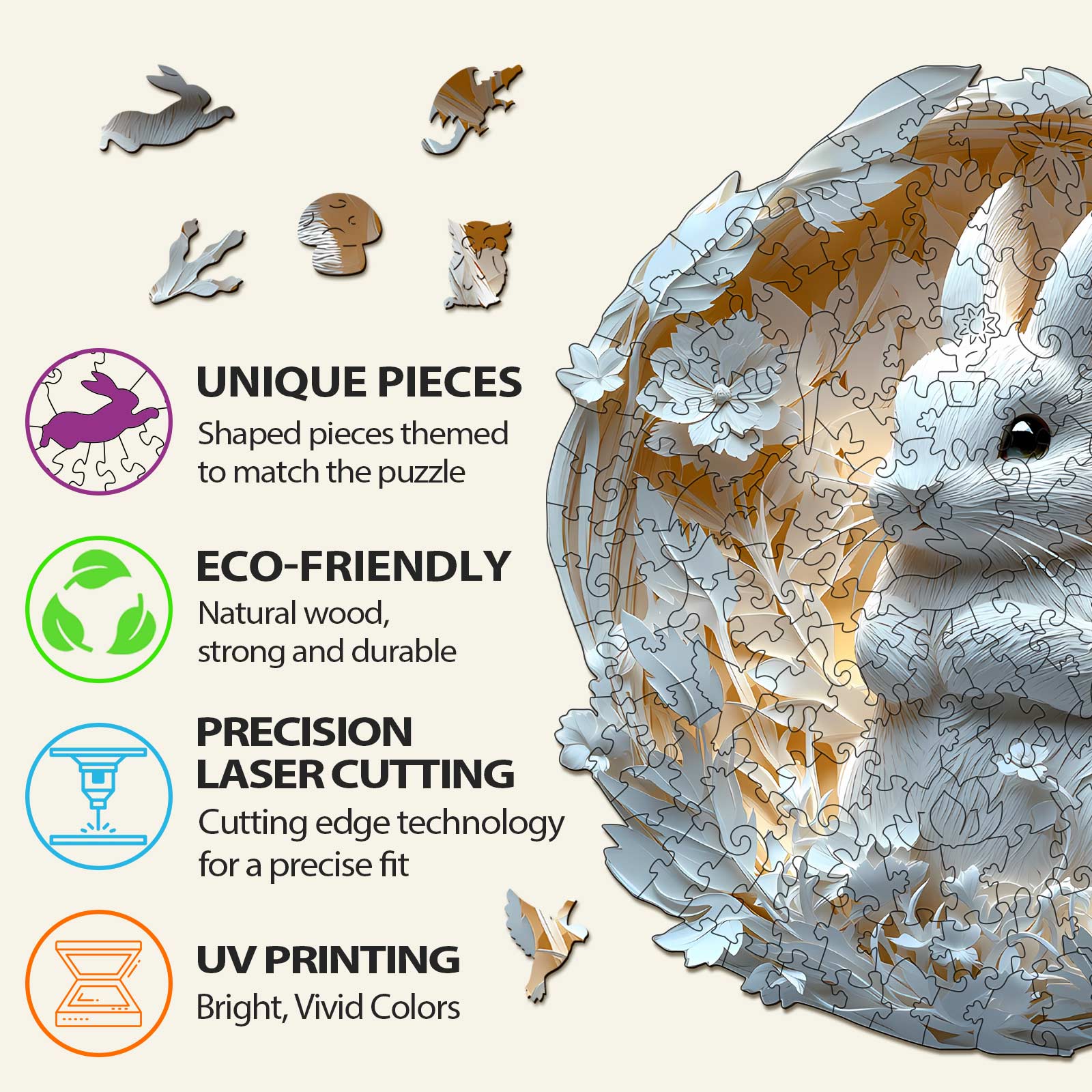 Features of the 3D Paper Rabbit Wooden Jigsaw Puzzle: unique pieces, eco-friendly materials, precision cutting, UV printing.