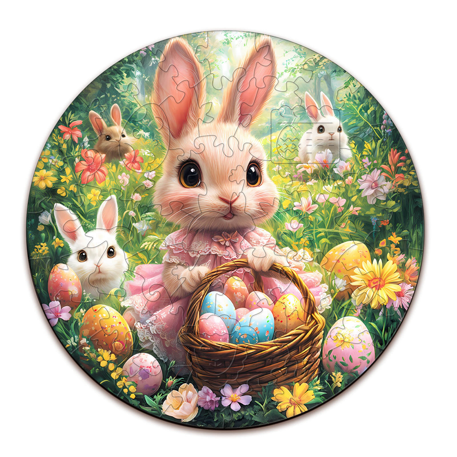 Cute Easter Bunny children's wooden jigsaw puzzle featuring a bunny with a basket of colorful eggs in a flower-filled scene.