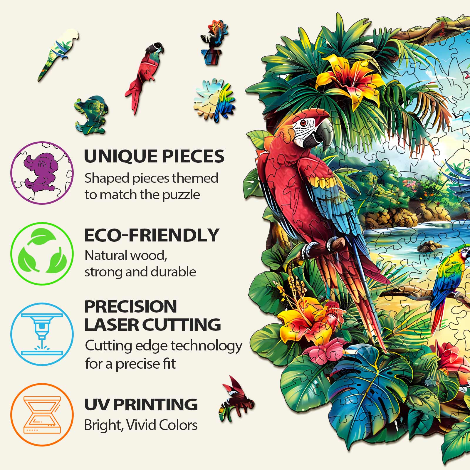 Tropical Parrot Wooden Jigsaw Puzzle features unique eco-friendly pieces, precision laser cutting, and vivid UV printing for vibrant colors.