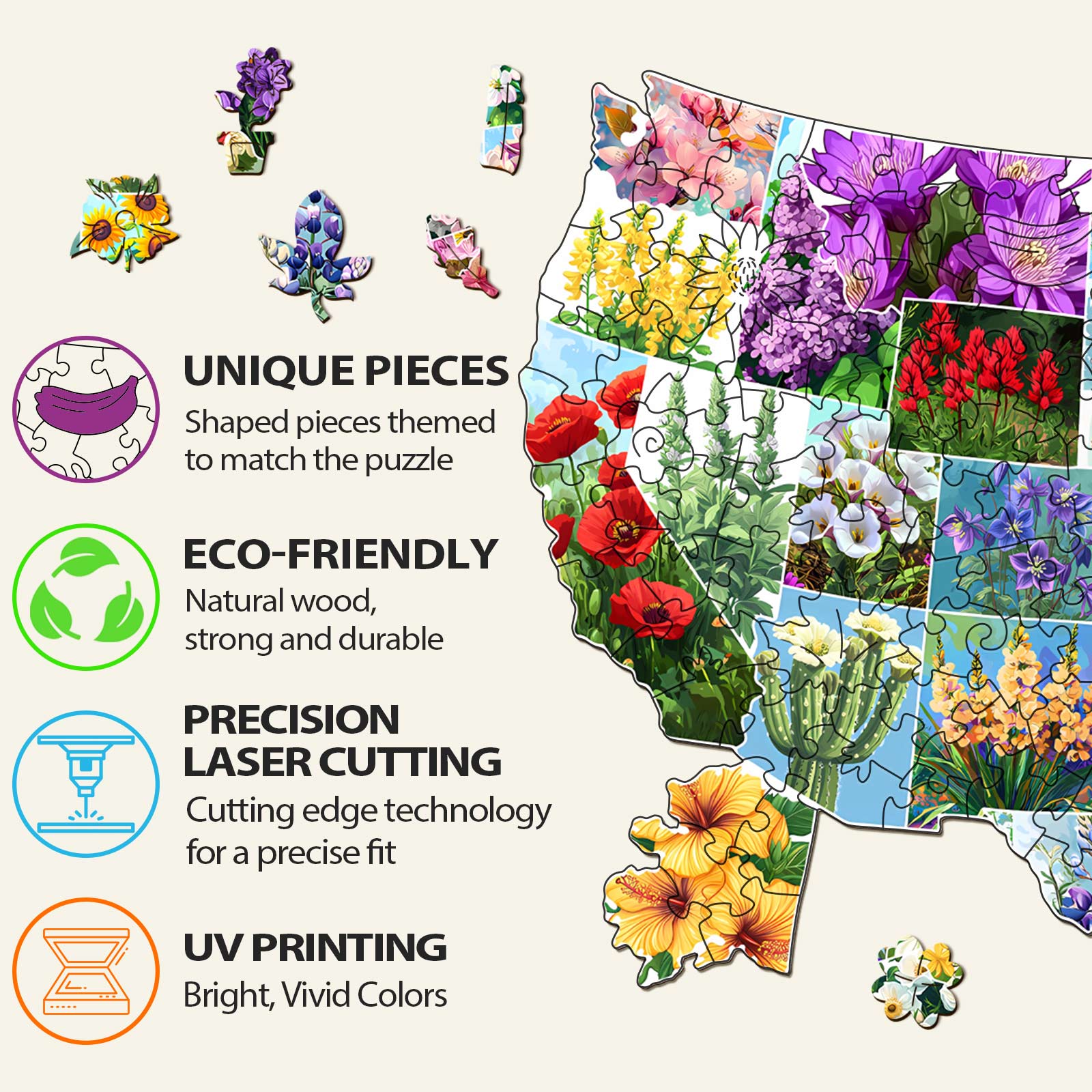 USA State Flowers wooden jigsaw puzzle showcasing unique, eco-friendly pieces and vibrant UV printed colors.