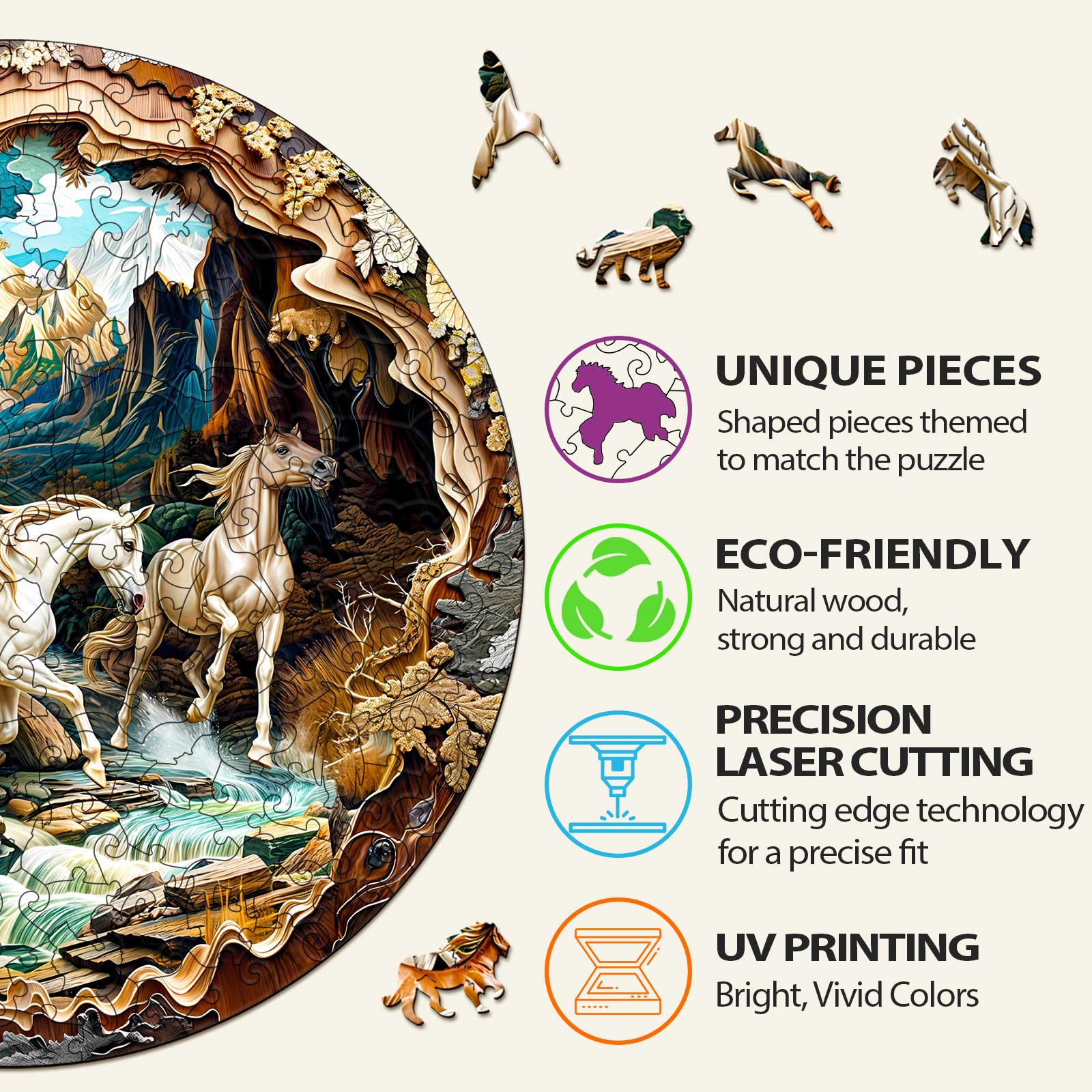 3D Horse wooden jigsaw puzzle showcasing unique pieces, eco-friendly materials, and precision laser-cutting technology.
