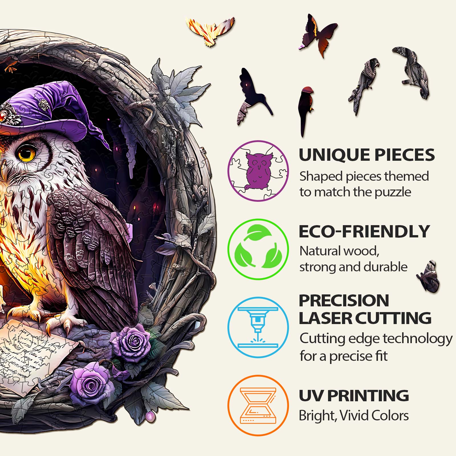 3D Witch Owl Wooden Jigsaw Puzzle features unique eco-friendly pieces and precision laser cutting for a vibrant, engaging experience.