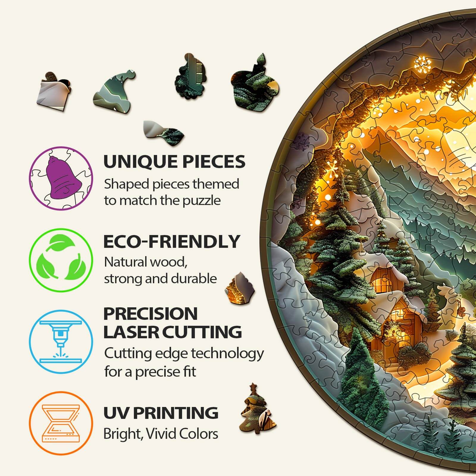 3D Christmas Village Wooden Jigsaw Puzzle features unique, eco-friendly pieces with UV printing and precision laser cutting for perfect fit.