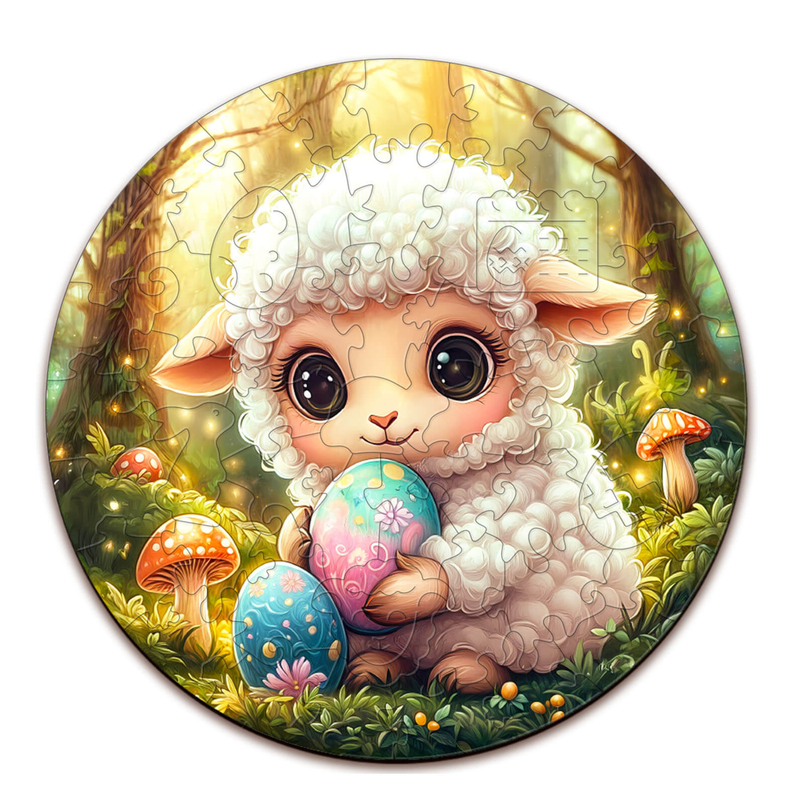 Cute wooden jigsaw puzzle featuring an adorable sheep with Easter eggs in a vibrant forest setting.