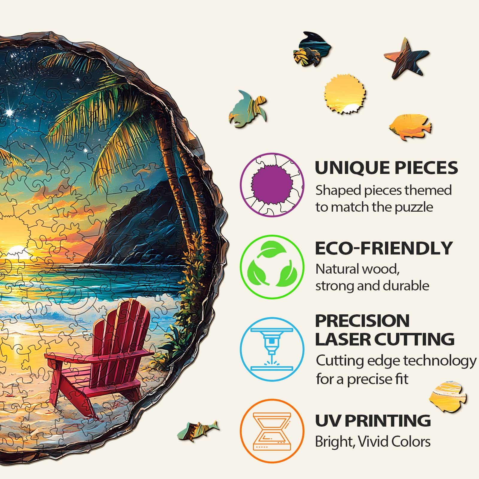 3D Sunset Beach Wooden Jigsaw Puzzle features unique eco-friendly pieces, precision laser cutting, and vivid UV printing.
