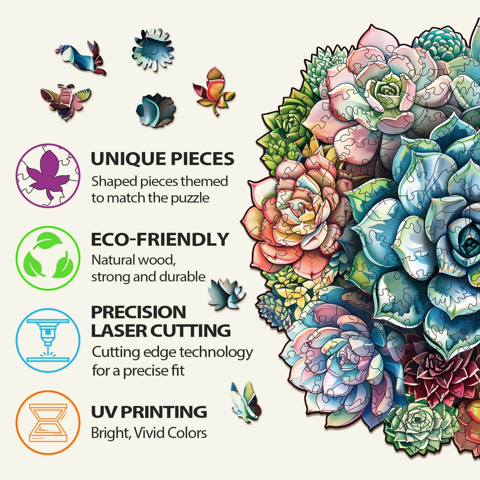 Infographic showcasing features of Elegant Succulent Wooden Puzzle: unique pieces, eco-friendly wood, precision laser cutting, and vivid UV printing.