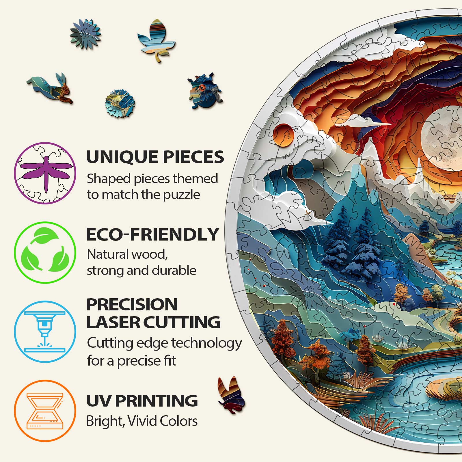 3D wooden jigsaw puzzle showcasing unique pieces, eco-friendly design, precision laser cutting, and vivid colors.