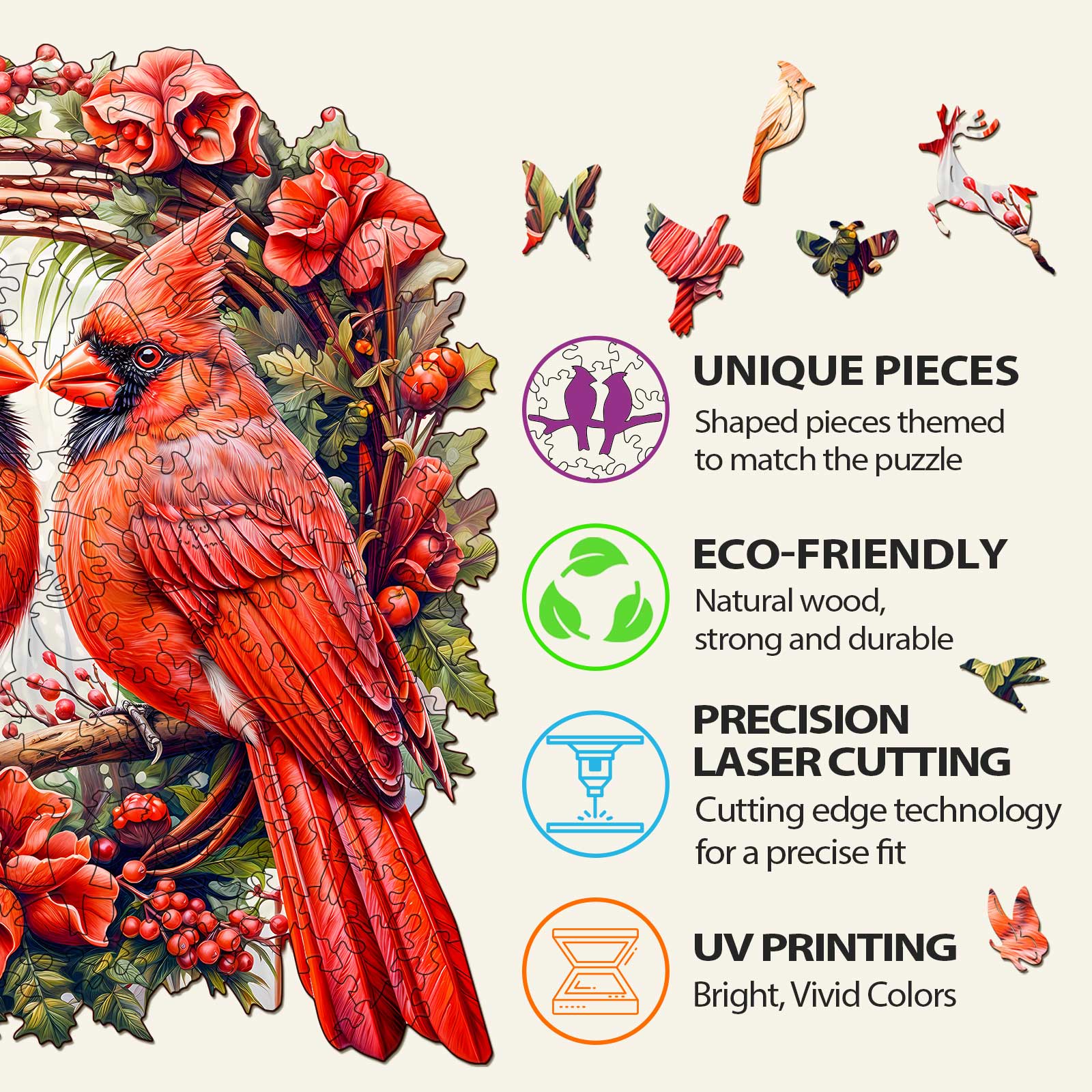 Colorful Cardinal wooden jigsaw puzzle with eco-friendly materials, unique shaped pieces, and precision laser cutting features.