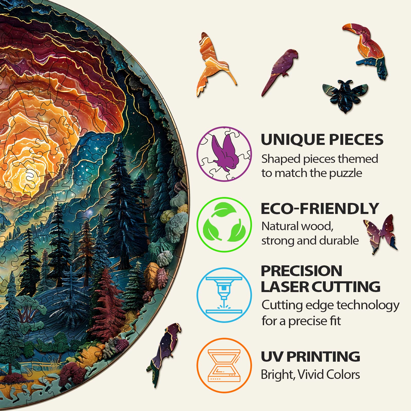3D cave sky wooden jigsaw puzzle features unique eco-friendly pieces and precision laser cutting for vibrant, colorful designs.